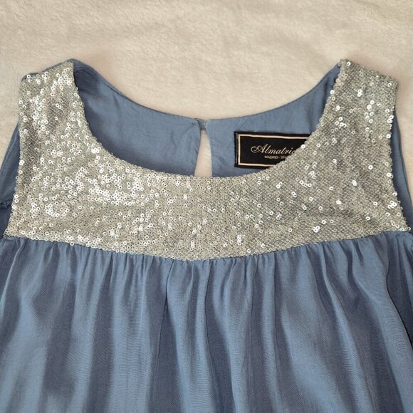 Y2K Almatrichi Blue Cold Shoulder Blouse Sequin Neckline Women’s Size S - Picture 9 of 13